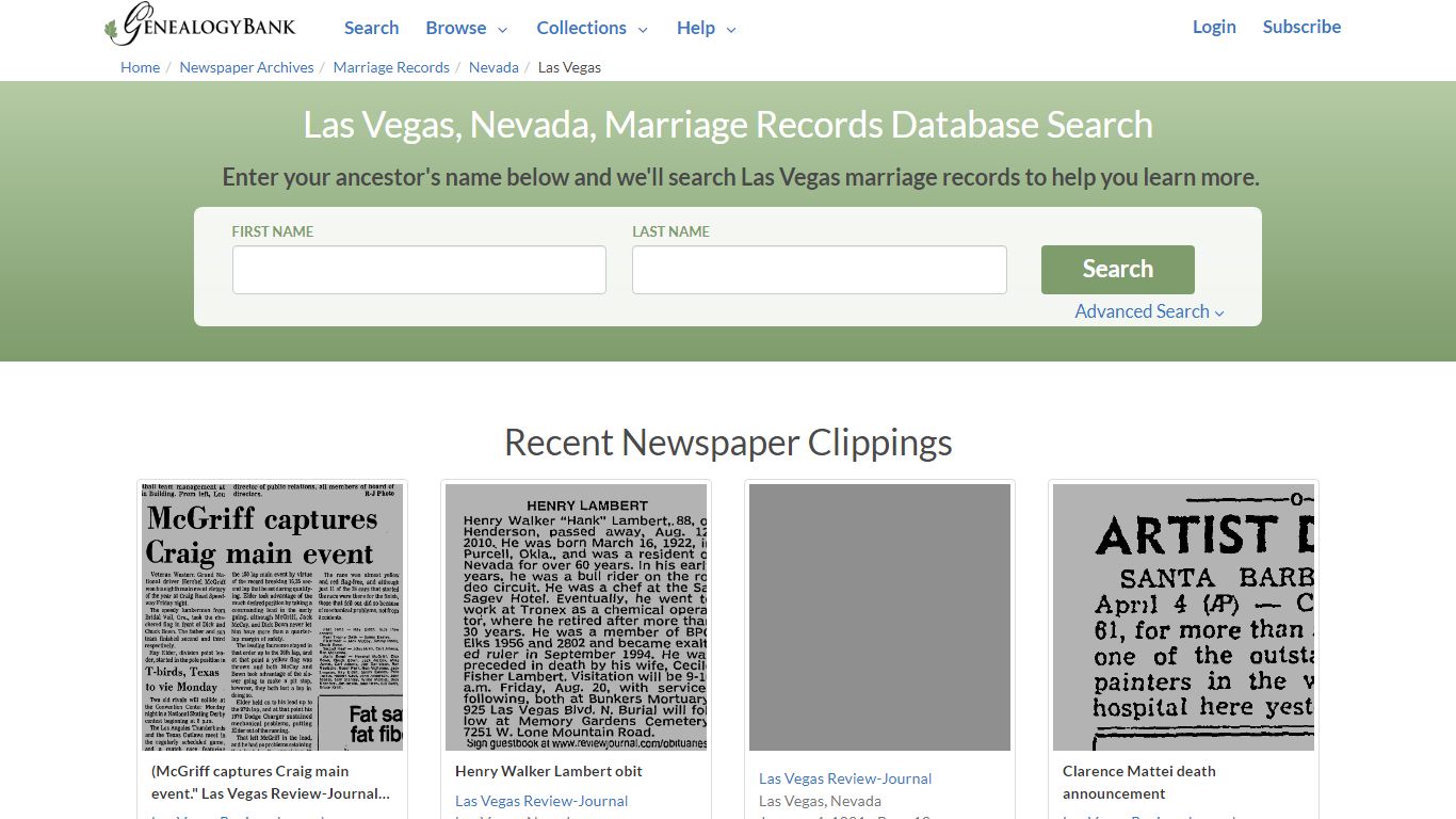 Las Vegas, Nevada, Marriage Records Online Search - GenealogyBank